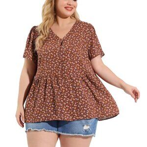 Agnes Orinda V Neck Ruffle Hem Short Sleeve Floral Peplum Top Brown  Size 2XL